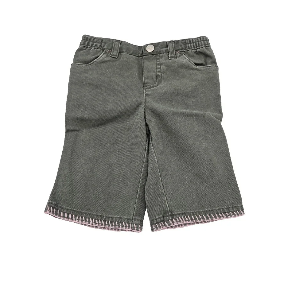 Cherokee Baby Girl Pants 6M Olive Green Cotton Pink Stitch Bow Pocket Cute
